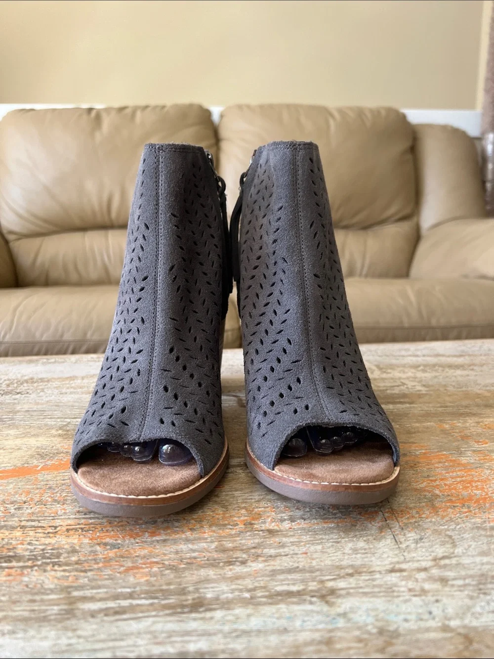 TOMS FORGED IRON SUEDE MAJORCA PEEP TOE BOOTIES GREY PERFORATED LEAF Size 9